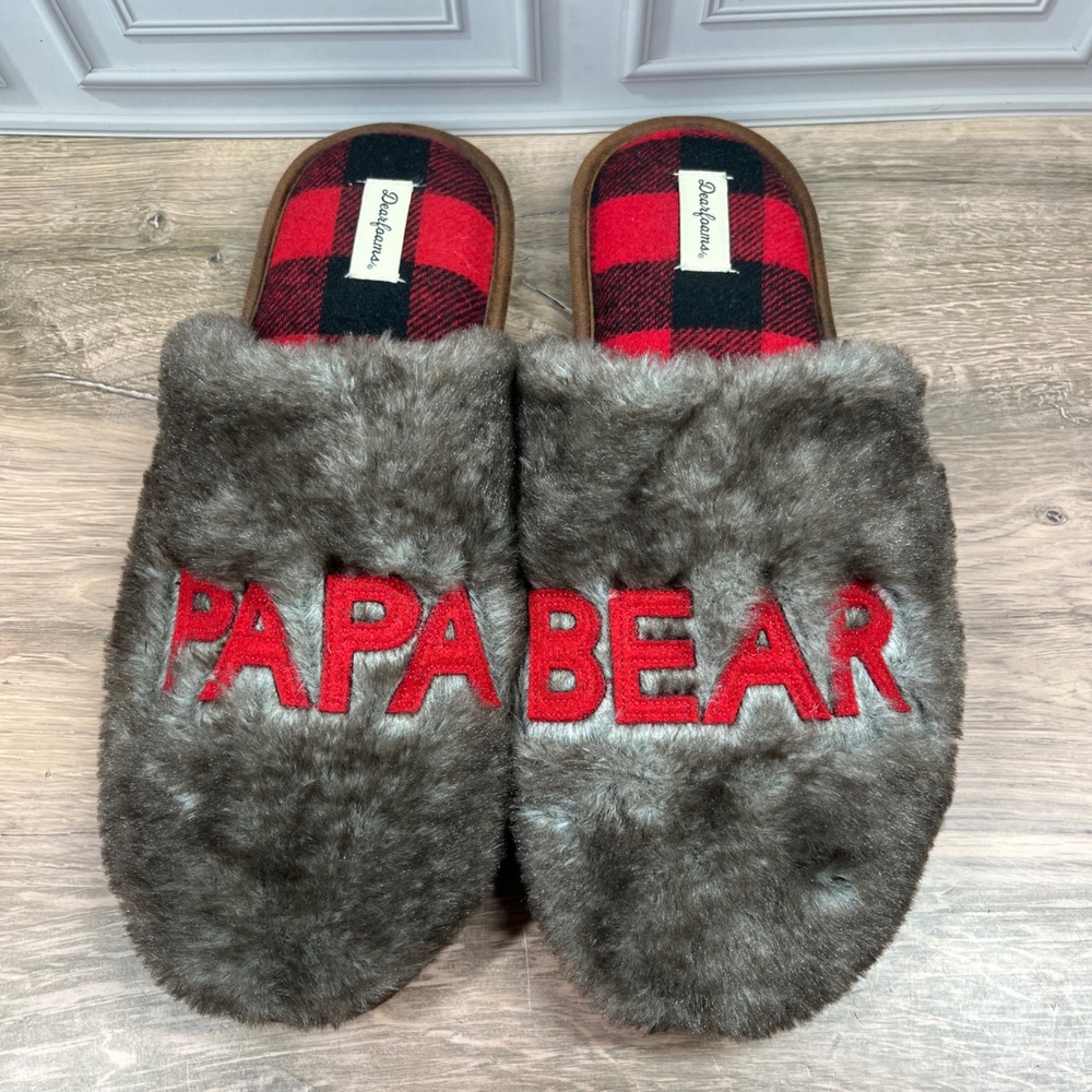 Dearfoams Papa Bear Slippers Mens Brown Red Buffalo Plaid Faux Fur Clogs 13-14